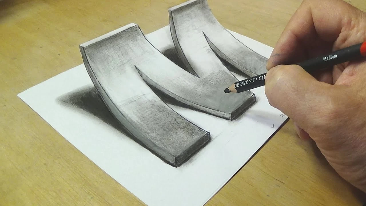 آموزش نقاشی سه بعدی حرف M ام